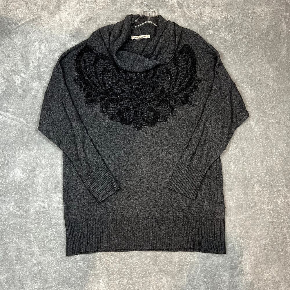 Chiaramente Sweater Womens L Italy Wool Cashmere Gray Oversized Cowl Embroidered